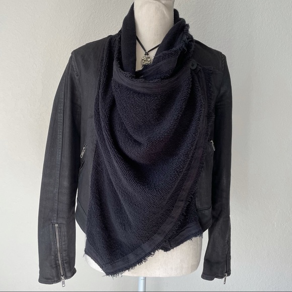 FREE PEOPLE BLACK SCARF WRAP AROUND BOHO FESTI DENIM MOTO JACKET SIZE 0 - Picture 6 of 11